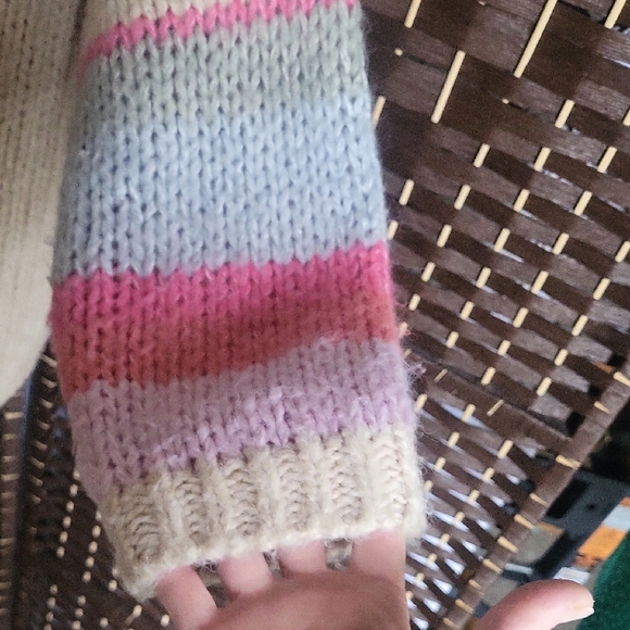 Saltwater Luxe Cream and Pink Cardigan Sweater with Striped Sleeves - Picture 6 of 6